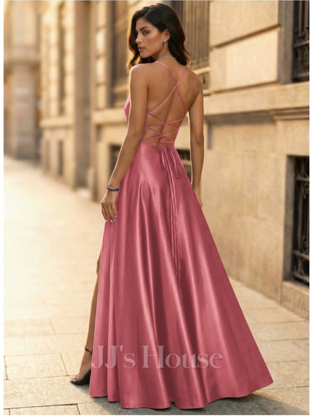 JJs House Dusty Rose Spaghetti Strap A-Line Prom Gown - Picture 2 of 5